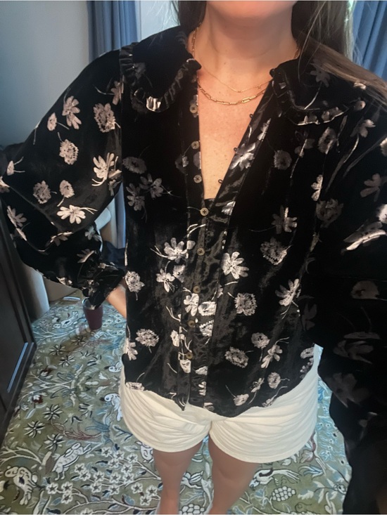 Pilcro Tops - Pilcro Black Velvet Button-Down Shirt with Silver Floral Print